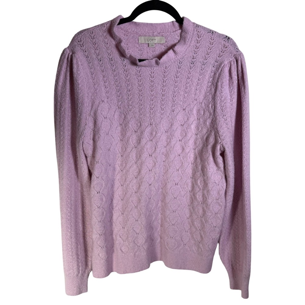 LOFT Lavender Purple Pointelle Ruffle Neck Puff Sleeve Sweater Large 766514